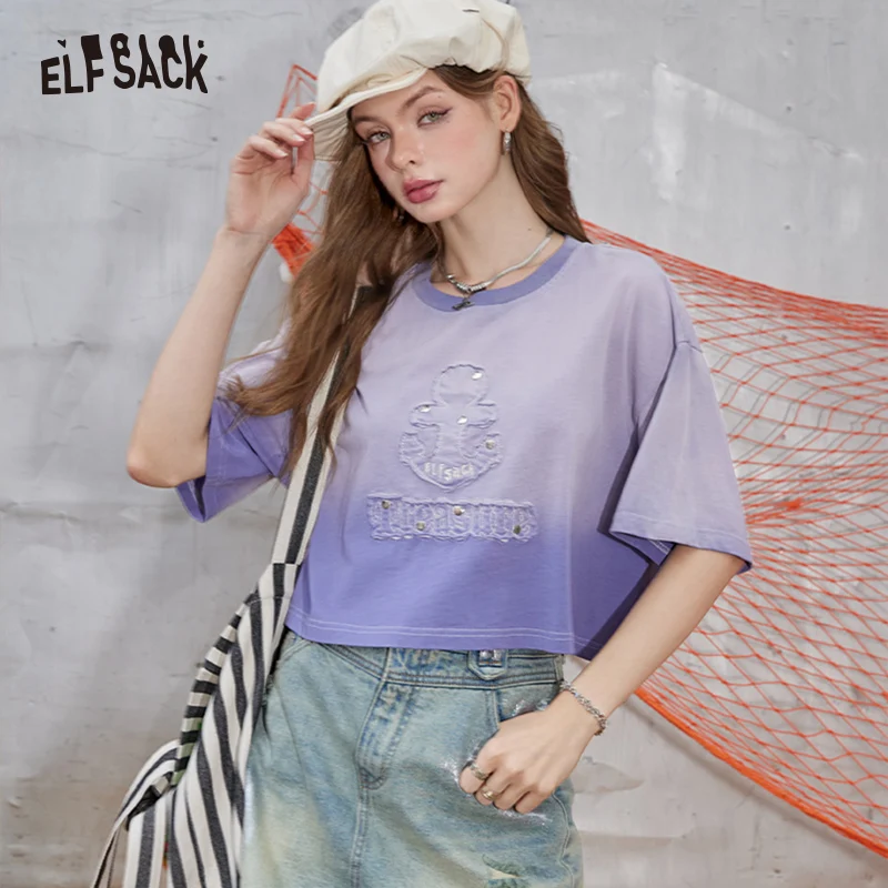 ELFSACK 2024 Summer New Arrivals Pink gradient rivet short sleeved T-shirt women\'s loose pure cotton short top