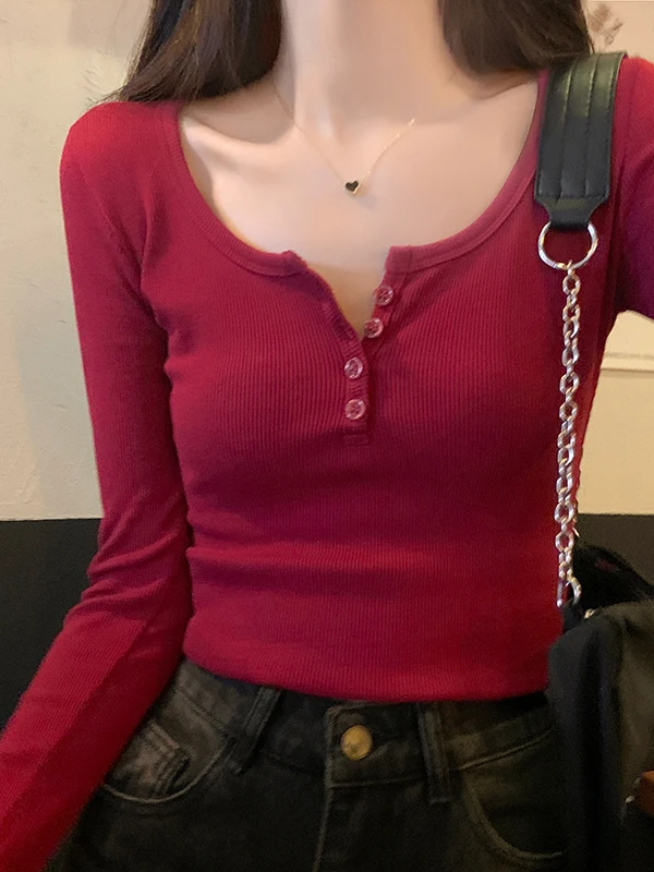 スリムフィット ロングスリーブTシャツ レディース ベースシャツ 秋 ファッション 新作 スリムフィット オープンカラー スパイシーガール リブ編み ボタンアップトップ