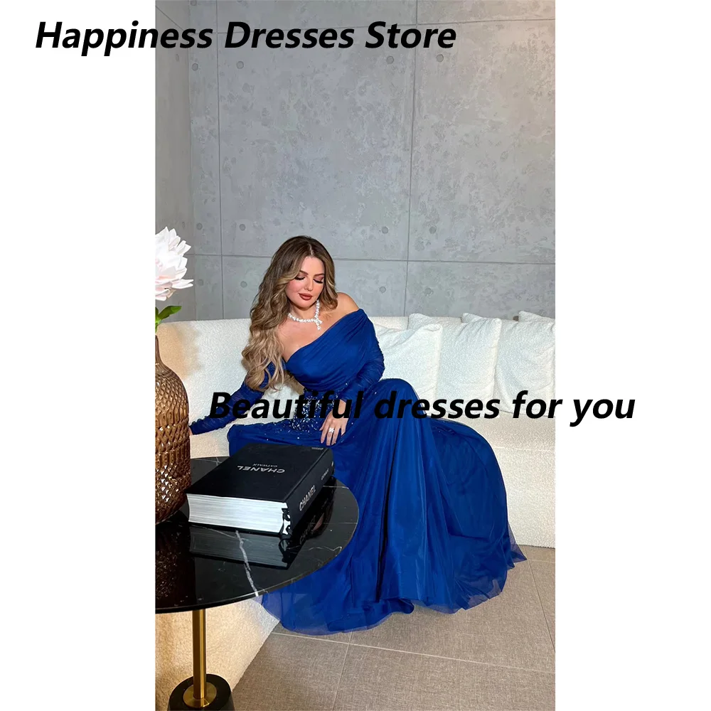 Vestidos de noche elegantes personalizados con hombros descubiertos, lentejuelas, mangas largas, vestidos de fiesta hasta el suelo, vestidos de fiesta de Arabia Saudita ﻿