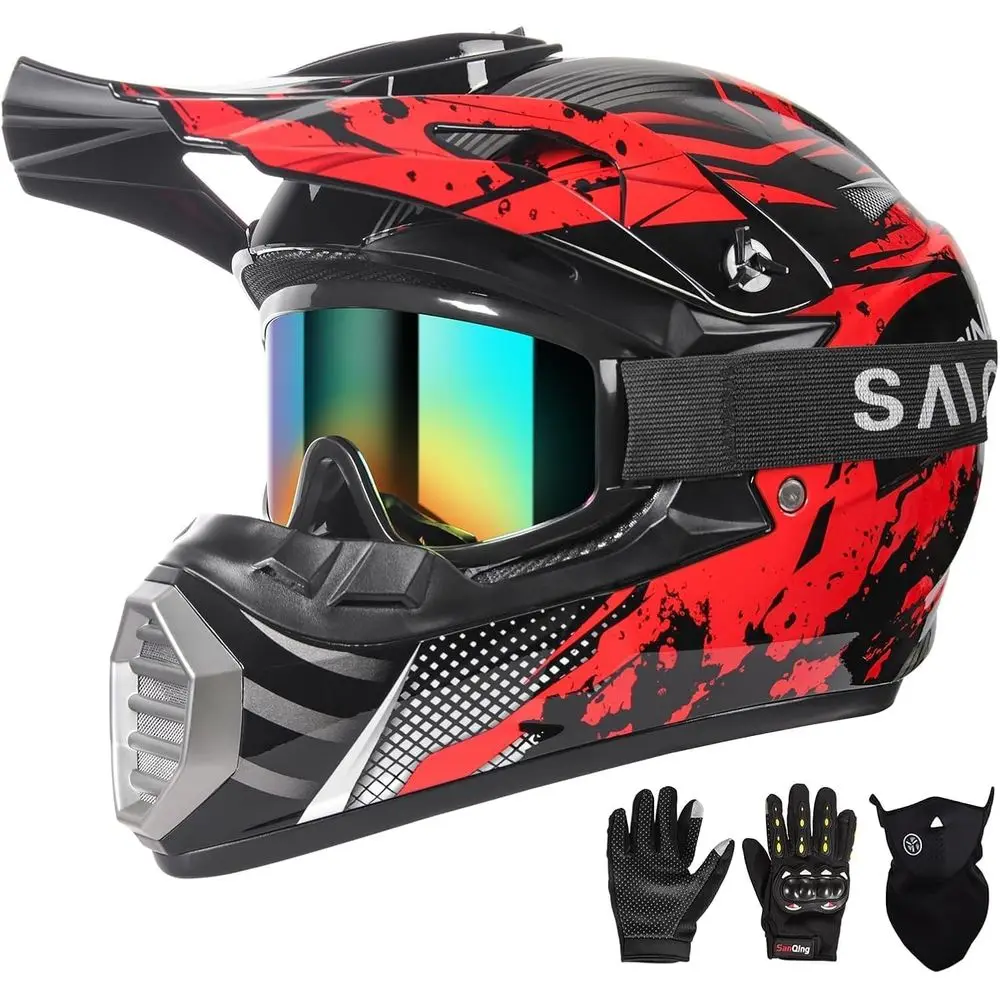 

Youth & Adult Dirt Bike Helmets with Goggles, Gloves, Mask - DOT Certified, Red Camo, Medium