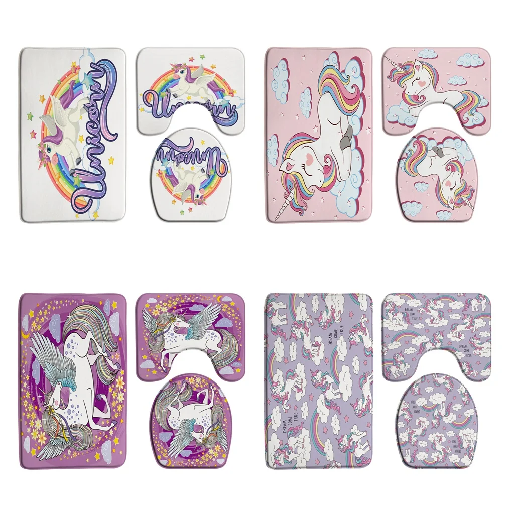 

3Pcs Cartoon Unicorns Animal Bath Mat Set Rainbow Clouds Stars Kids Girl Bathroom Doormat Anti-Slip Carpet Rug Toilet Seat Cover