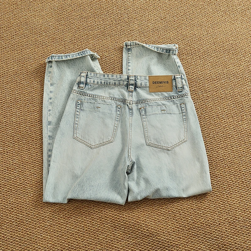 Light blue retro bay wash denim pants Men's High street trend ripped new summer vintage jeans trend