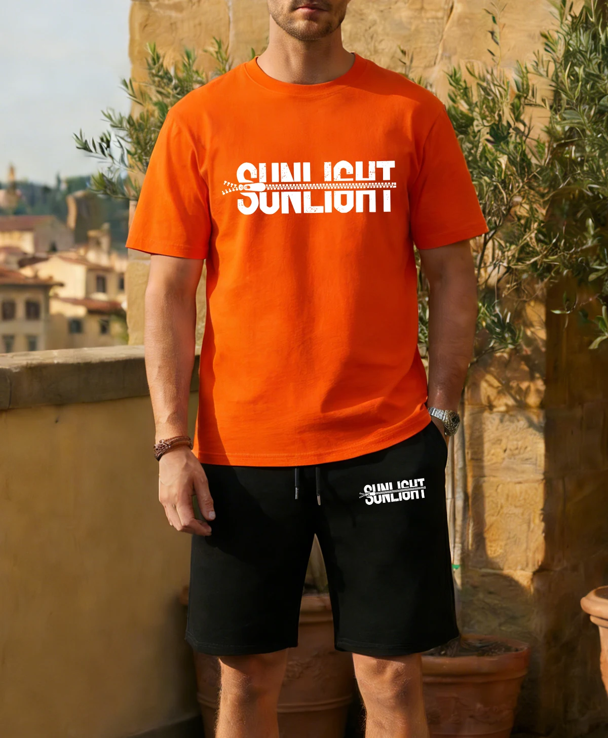 

Sunlight Floods The Earth Print Sportsuit Men Cotton Fashion O-Neck T-Shirt All-Match Drawstring Shorts Unisex Summer Loose Tee