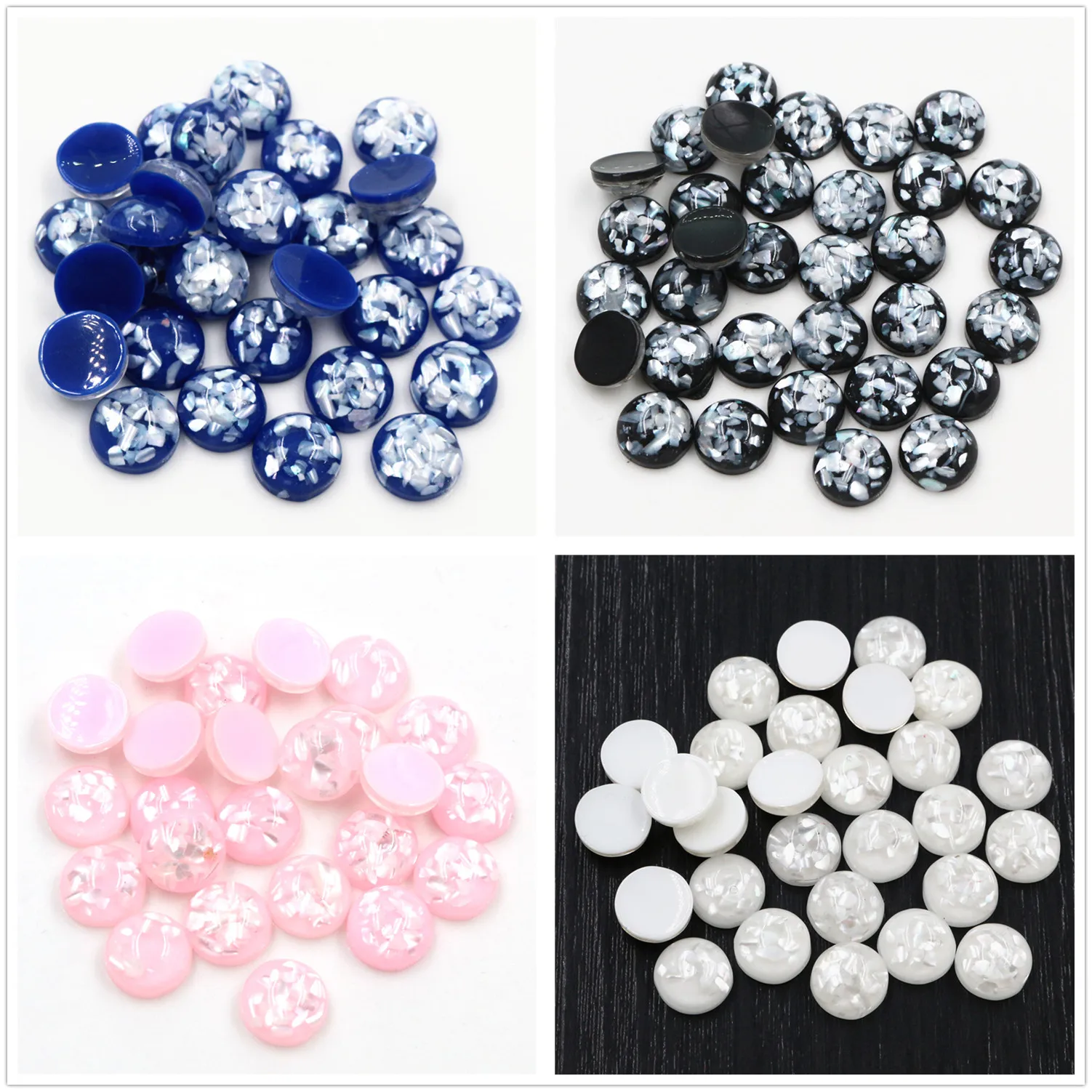 New Style 40pcs 8/10/12mm 4 Colors Built-in Real Shells Style Flat back Resin Cabochons Fit 8/10/12mm Cameo Base Cabochons