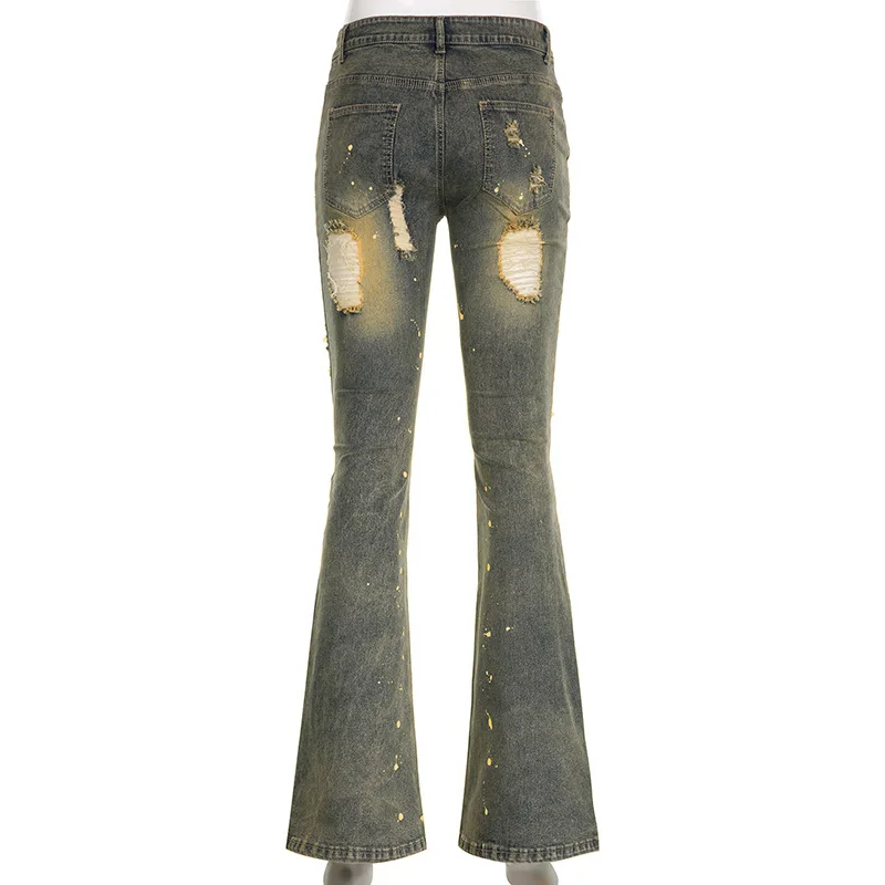 Vintage Ripped Flare Women Sexy Low Waisted Lace-up Washed Jean Pants Y2K Denim Trouser Old Worn Out  Trend Slim