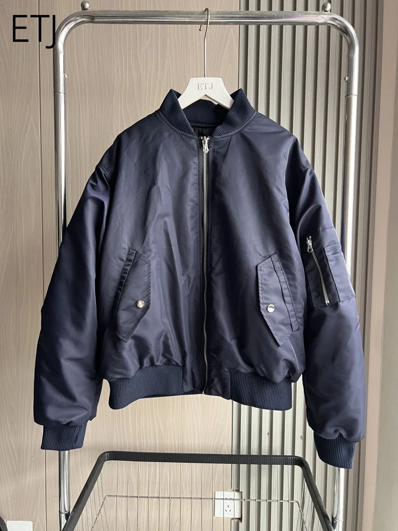 ETJ 2026 Unisex Reversible Bomber Jacket Couple Matching Oversized Varsity Men Women Navy Polyester Fiber Padded Autumn Winter