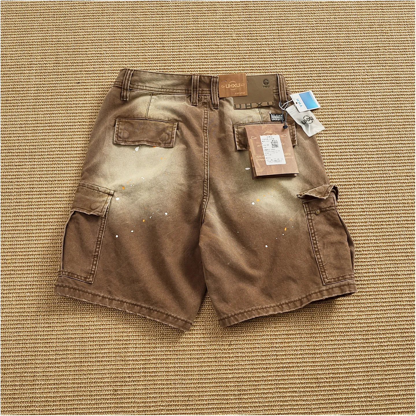Heavy-duty washed, spray-painted, ripped cargo shorts for men, multi-pocket, distressed, American-style high street casual pants