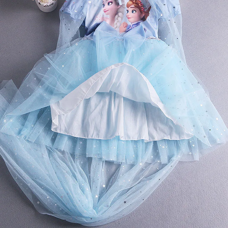 Disney Elsa Princess Dress with Cape Girls Dress Summer Kids Short Sleeve for Children\'s Western Style Frozen Party Costume 2-8Y