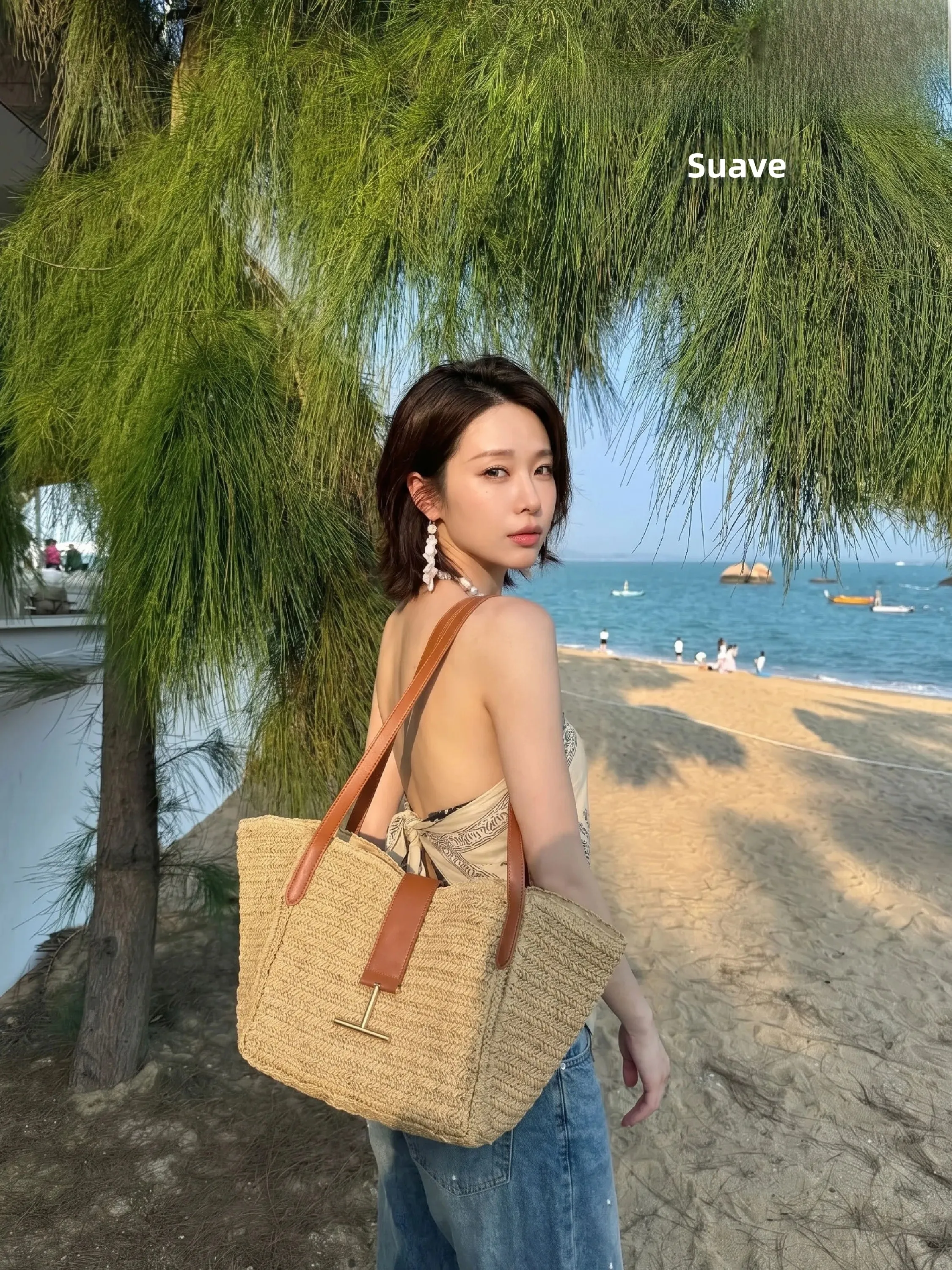 uzoe-casual-bucket-shaped-straw-woven-bag-for-women-vacation-beach-style-tote-bag-soft-polyester-single-shoulder-handle