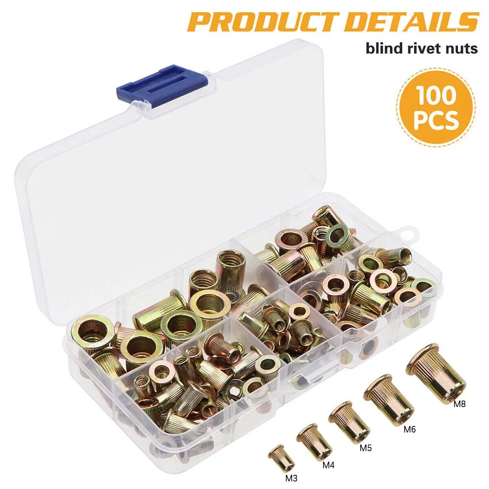 

100 PCS Rivet Nuts M3 M4 M5 M6 M8 Zinc Steel Rivet Nut Insert Nutsert Threaded Flat Head for Automobiles, Furniture, Decorations