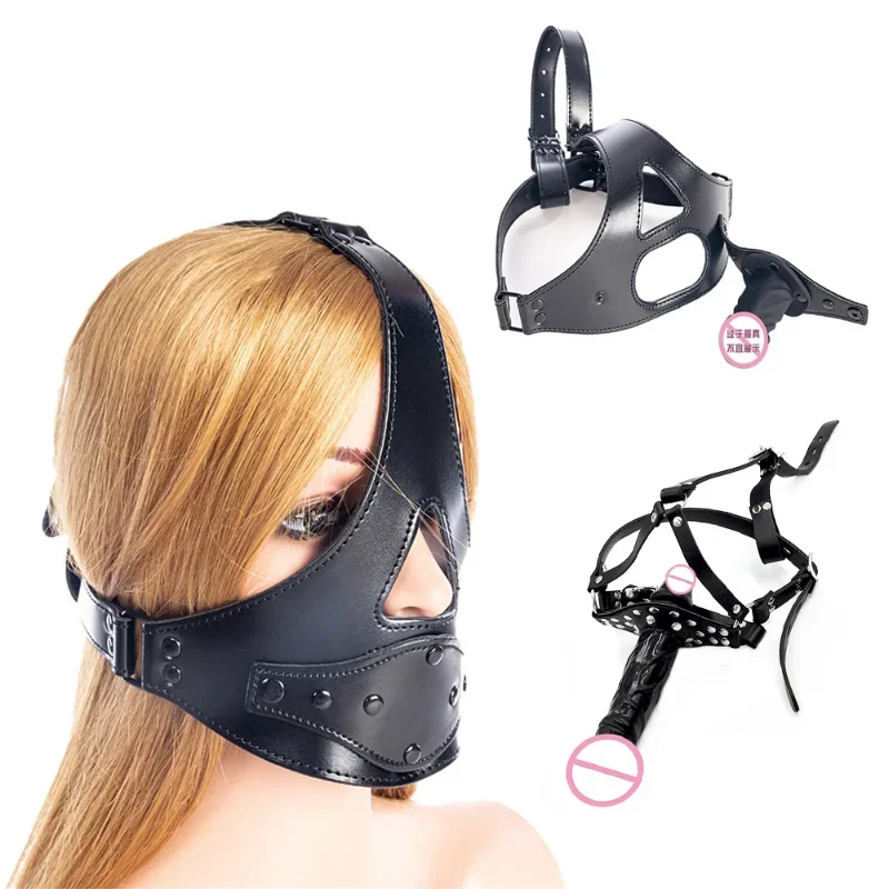 PVC Leather Head Harness Straps Face Mask Silicone Dildo Penis Removable Open Mouth Plug BDSM Restraint Cosplay Adult Sex Toy