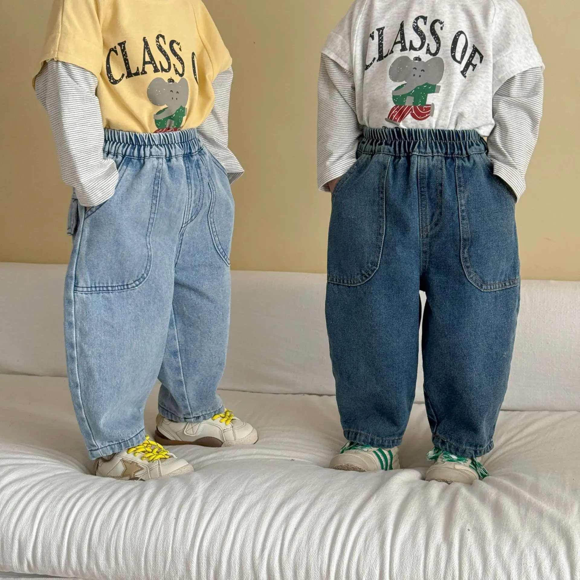 2026 Autumn New Children Denim Trousers Fashion Girls Loose Jeans Solid Boys Pocket Casual Pants Kids Clothes 3