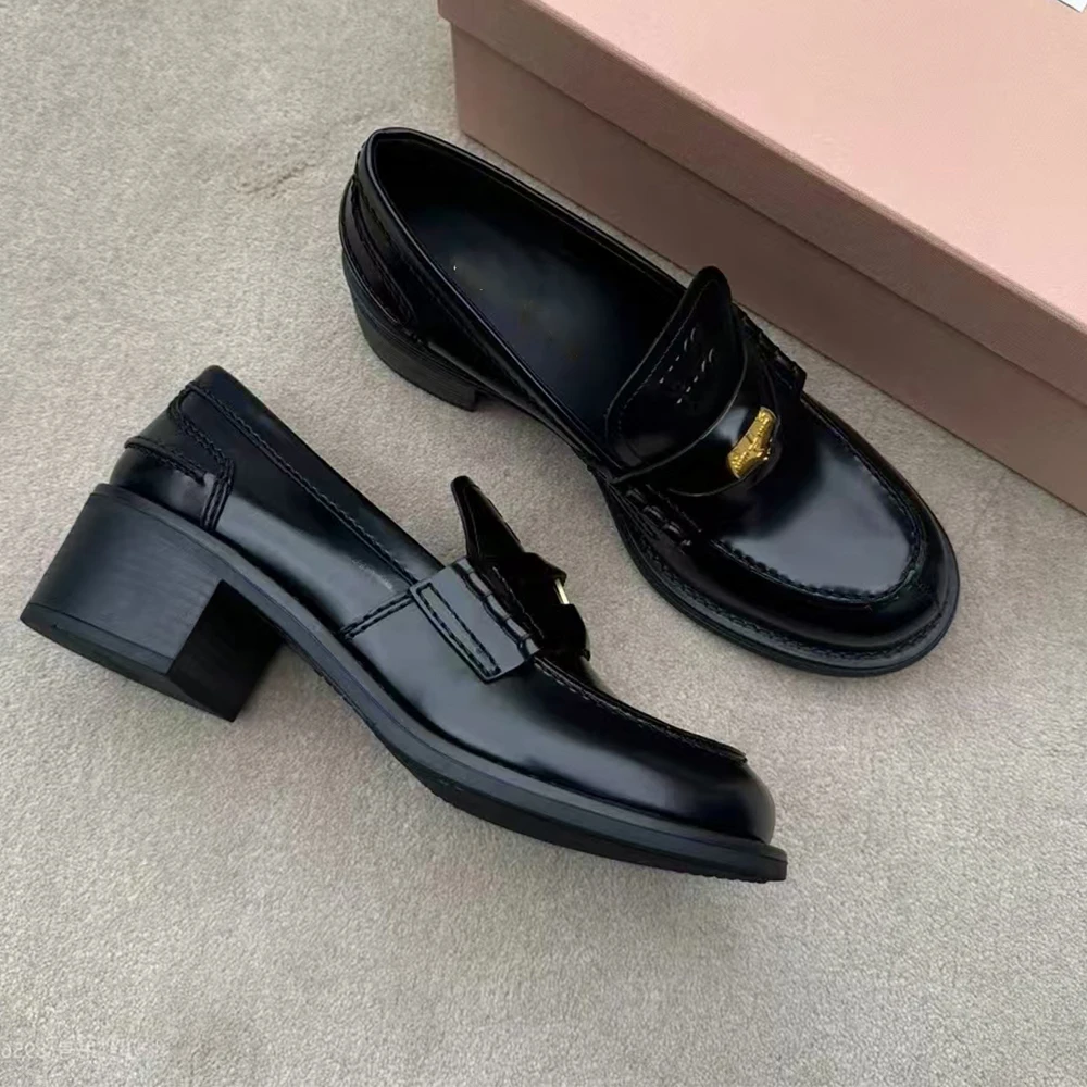 Handmade Leather Loafers Women's Chunky Heel Single Shoes Fashionable Retro Coin Design Lazy Shoes Leather Upper Rubber Sole