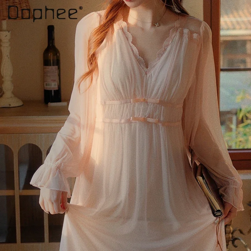 Sexy Lace V-neck Long Nightdress Women Mesh See Through Modal with Chest Pad Long Sleeve Soft Nightgowns Mid Length Dress