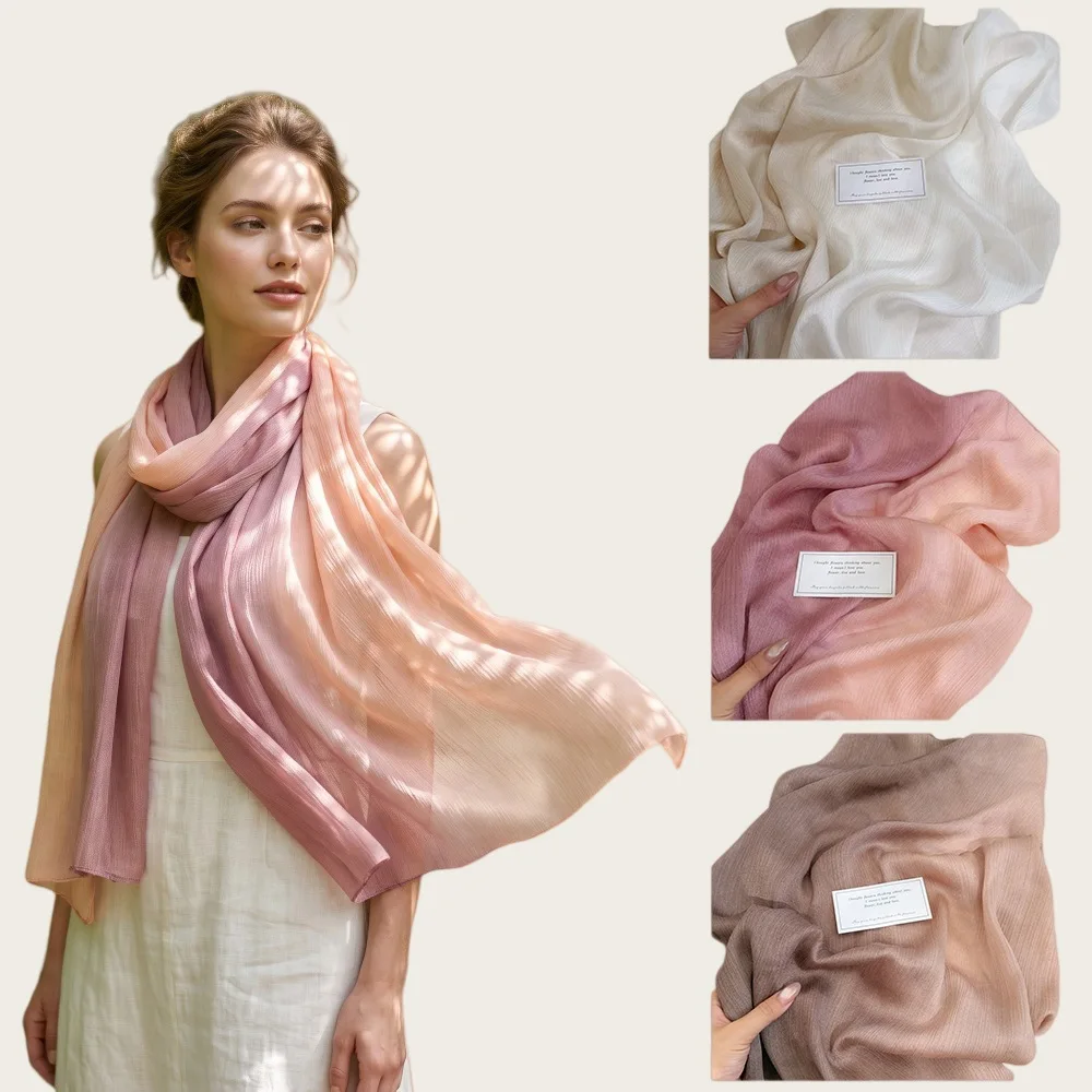 Shiny hand-painted gradient color island satin wrinkled long scarf, soft and silky silk satin women's bag, headscarf, shawl