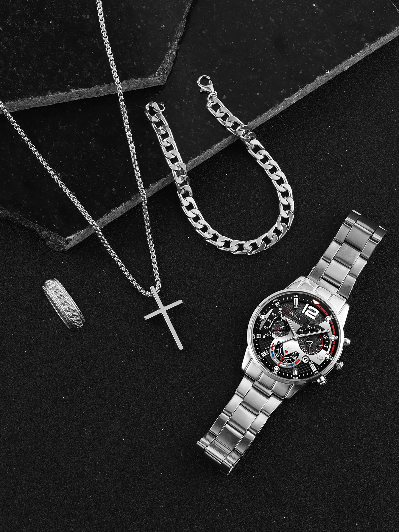 4pcs Business style Silver Mechanical design Men's alloy band calendar quartz watch with alloy cross necklace bracelet ring set