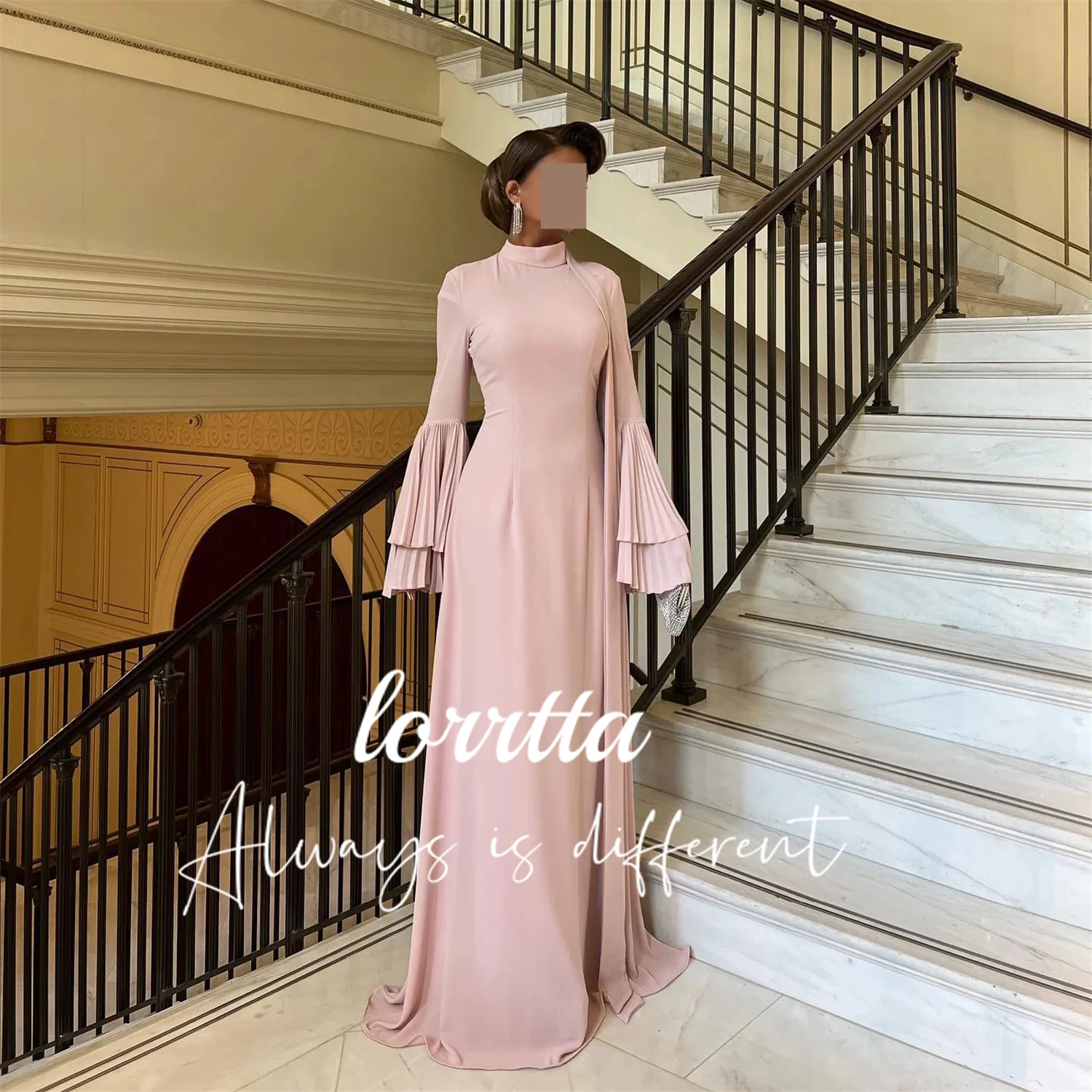 

Lorrtta Pleated Pink High Neck Mermaid Skirt Floor-Sweeping Saudi Arabian Womens Long Bell Sleeve Elegant Ball Gown فساتين سهره