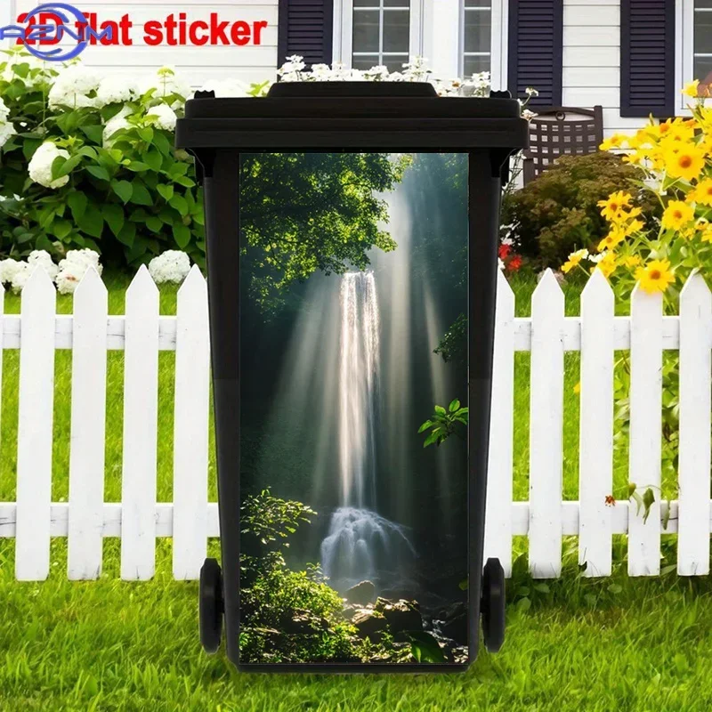 2D 1PCWaterfall Trash Can Sticker, Nature Self-Adhesive Art Stickers, Serene Trash Can Stickers Decor, Sunlight Home Decor Tra