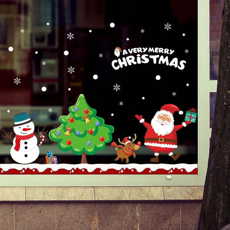 Festive Christmas Stickers Sparkling Window Decals Jolly Santa Claus Clings Snowflake Decorations Merry Holiday Wall Stickers