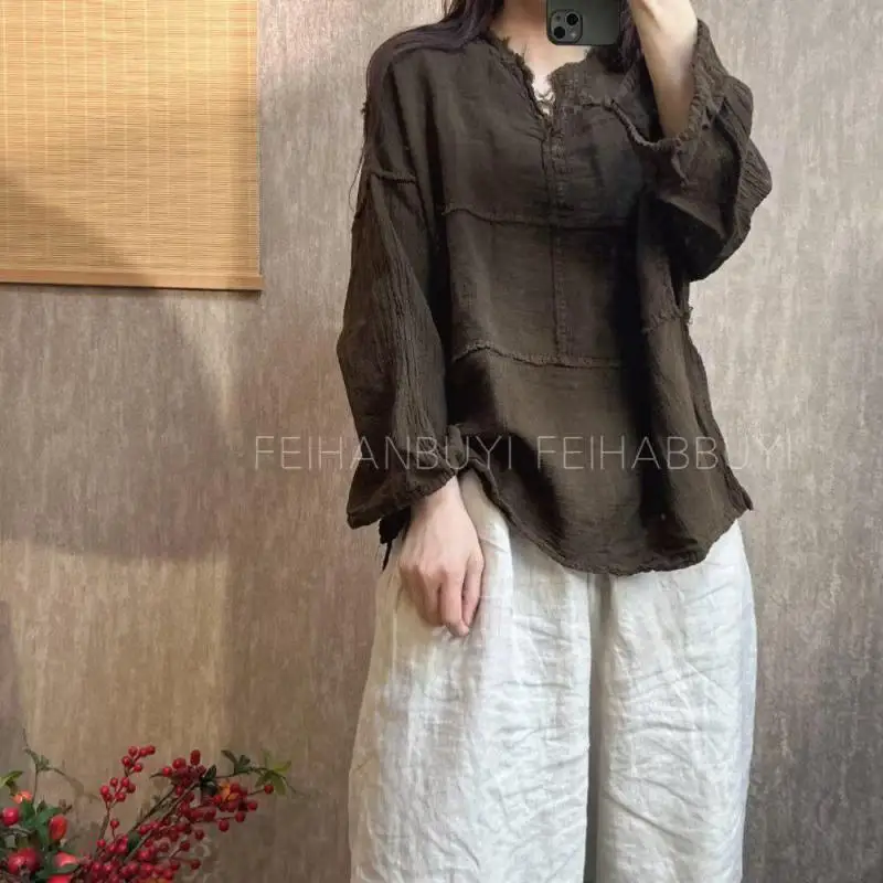 

2026 New Spring Summer Arts Style Women Long Sleeve V-neck T-shirt Patchwork Design Cotton Linen Loose Casual Tshirt Femme Tops