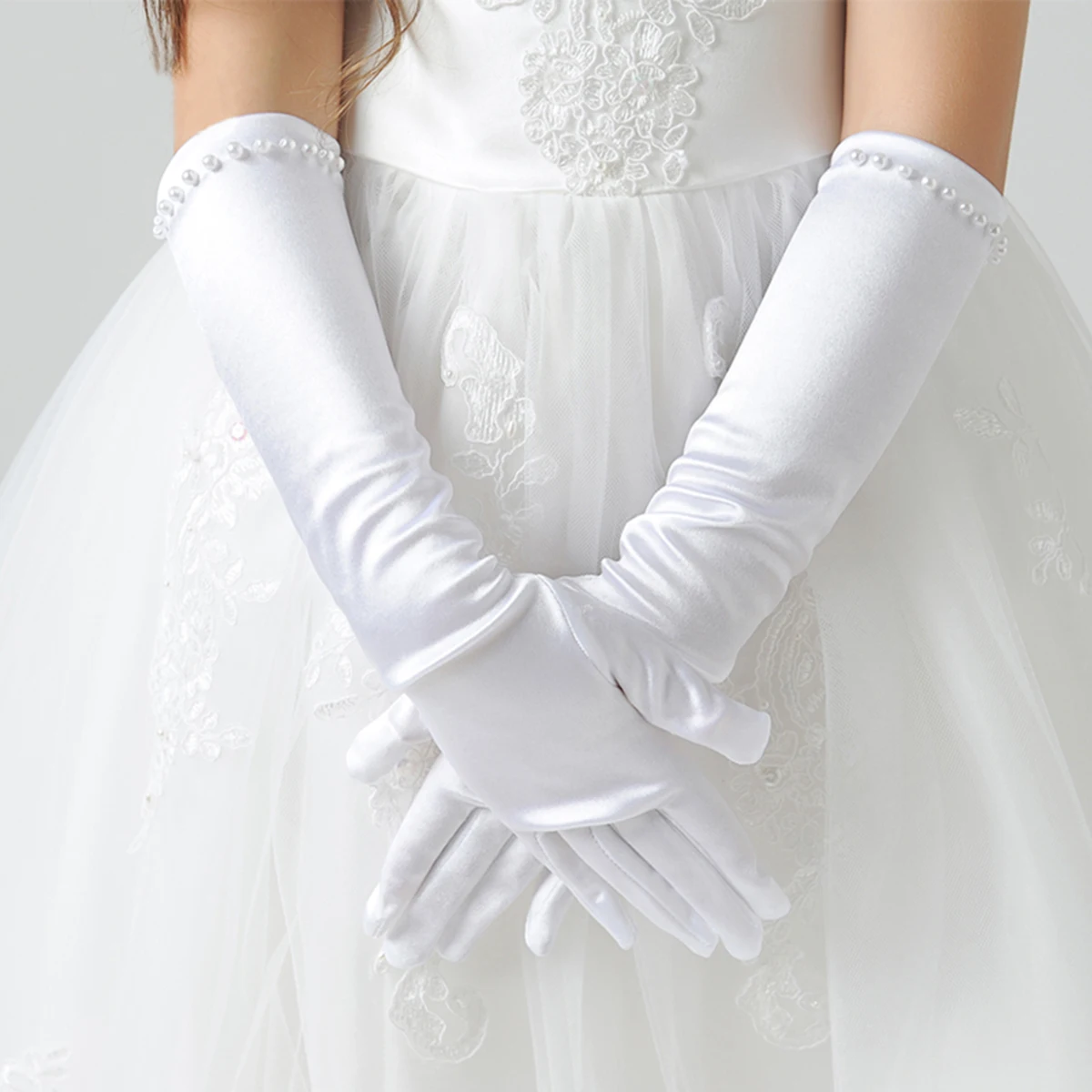 

1 Pair Wedding Flower Girl Gloves Long Satin Pearl Decor Dress Gloves for Wedding Evening Party - Size L (White)