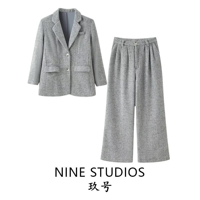 NINE ZAR Women's Tweed Suit Jacket Casual Pants Two-Piece Set Long Sleeve Flip Collar Regular Length Four Season Fashion Set