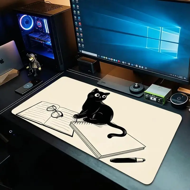 VIKAMA Literary Cute Black Kitten Mousepad Cream Book Line Drawing Waterproof Non Slip Oversized Computer Desk Mat