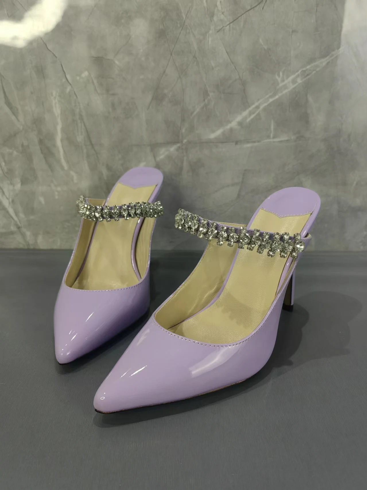 

Rhinestone Pointed Stiletto Sandals Women's Purple Patent Leather Slippers Slip-On High Heels Fashionable Party Shoes