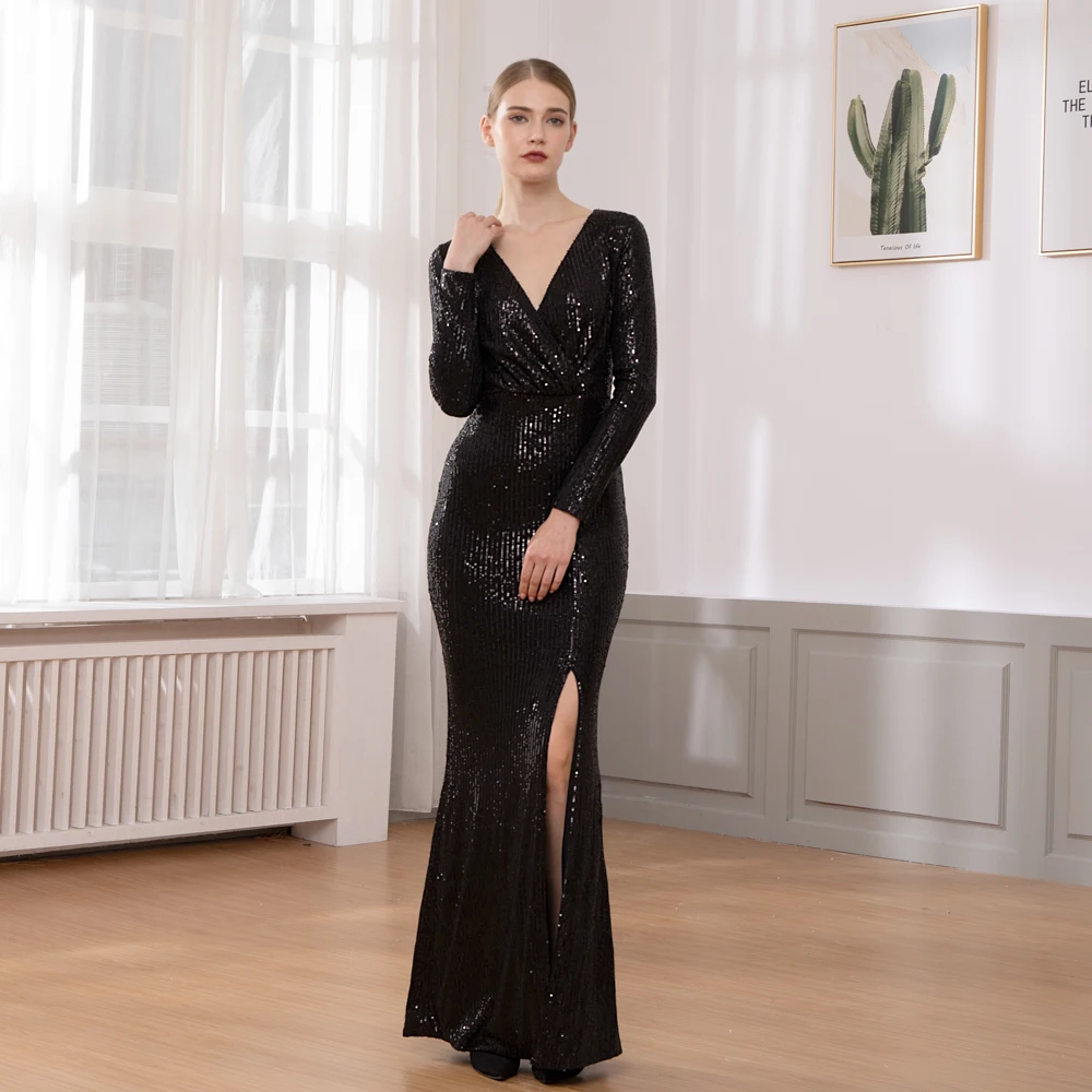 

Elegant Black Sequined Night Party Dress Gown Wrap Dress V Neck Cut-out Maxi Dress Elastic Wrapped Dress