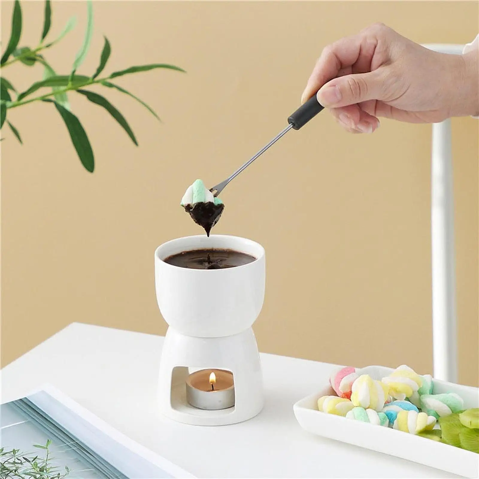 Ceramic Chocolate Fondue Pot Tea Light Porcelain Melting Pot Butter Warmer for Kitchen Candy Dessert Caramel Appliances