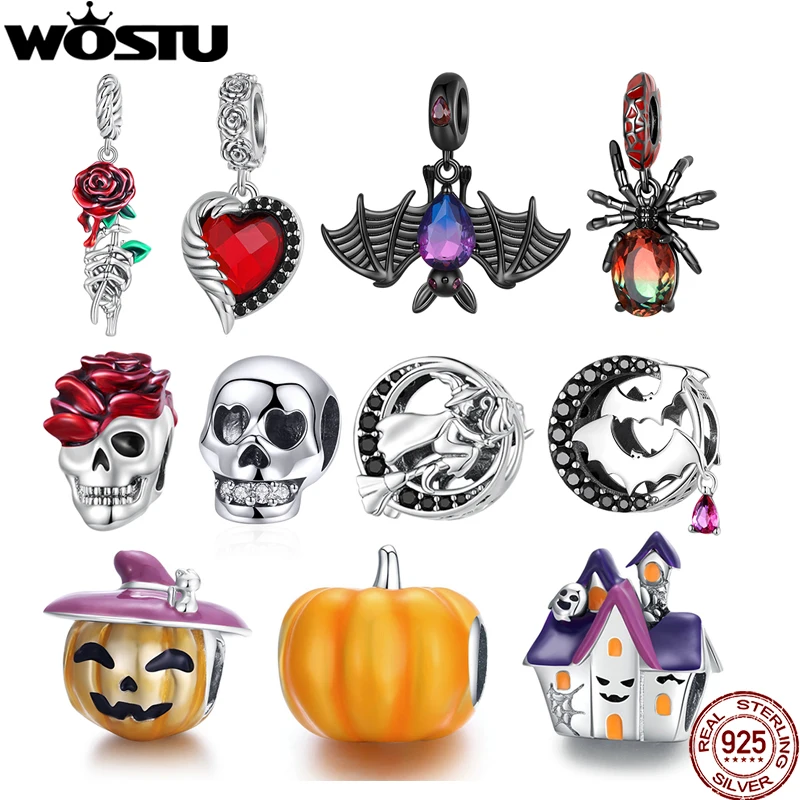 WOSTU 925 Sterling Silver Halloween Collection Red Rose Flower Skull Charms Black CZ Witch Bat Bead fit DIY Bracelet Bangle Punk