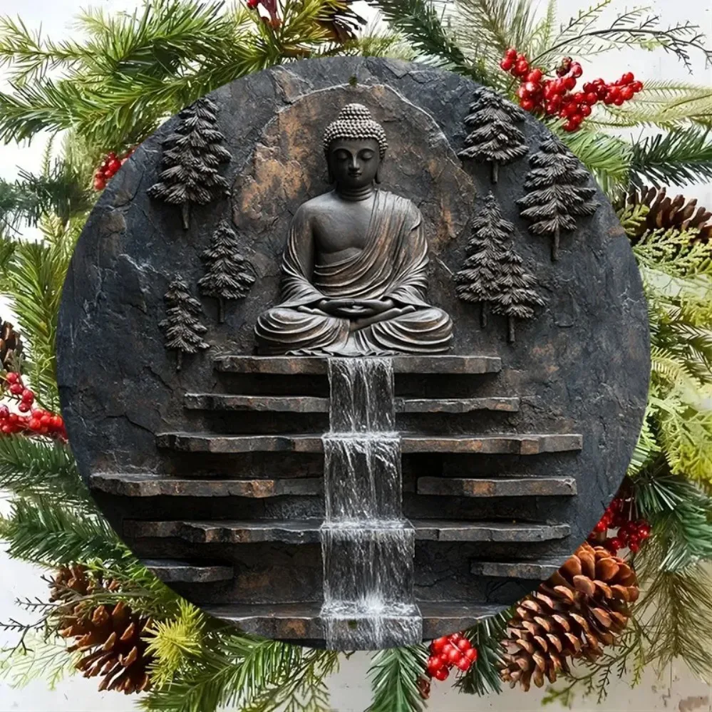 Vintage Metal Buddha Meditation Wall Art | Serene Monk & Waterfall Design | Outdoor Yard & Garden Zen Decor