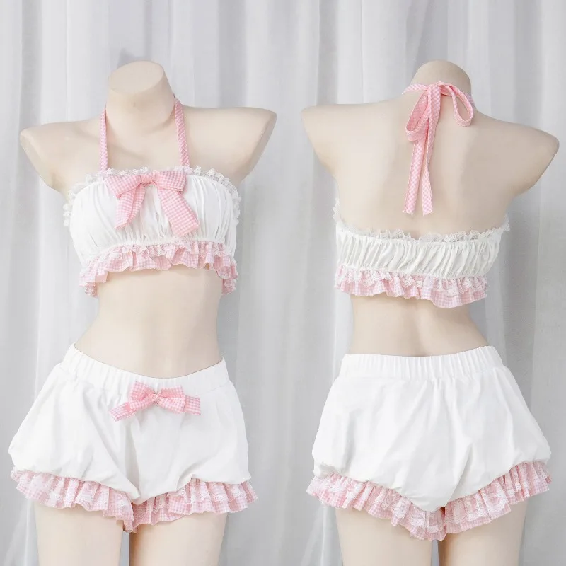 

Pink Bowtie Swimwear Top Shorts 2 Pcs Full Set Sexy Pajamas Japanese Style Sweet Skirt Uniform Dress Swimsuit for Women