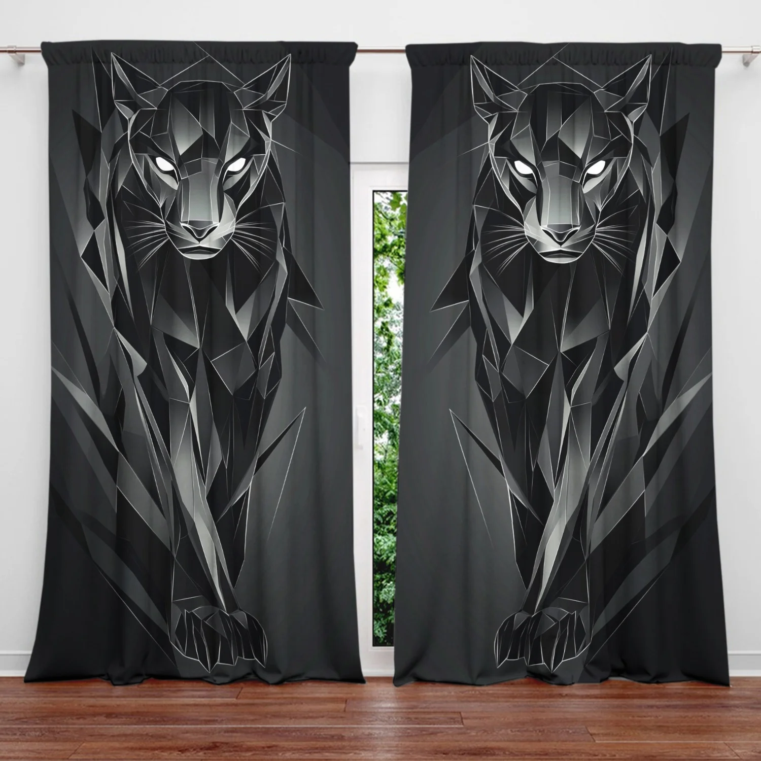 Geometric Black Panther Curtain, Abstract Wild Cat Print Drape, Modern Animal Art Window Treatment for Living Room Bedroom Decor