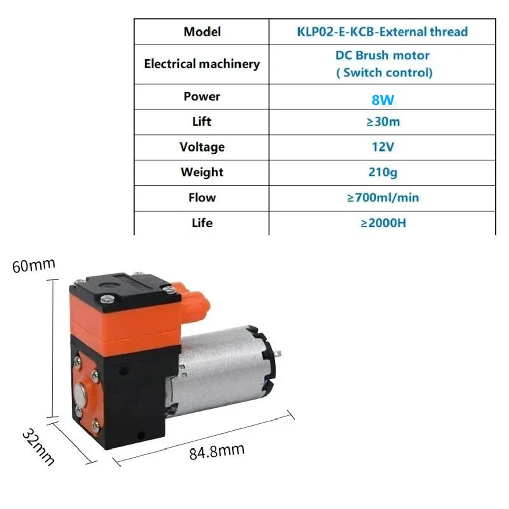 Light Weight  700ml/Min KLP02 High Diaphragm Liquid Pump DC Motor Liquid Pressure 3 Bar for Washing Equipment 12V