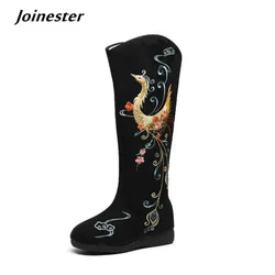 Women Autumn Winter Embroidered Long Boots Side Zipper Round Toe Ethnic Style Fabric Booties Ladies Vintage Dance Shoe