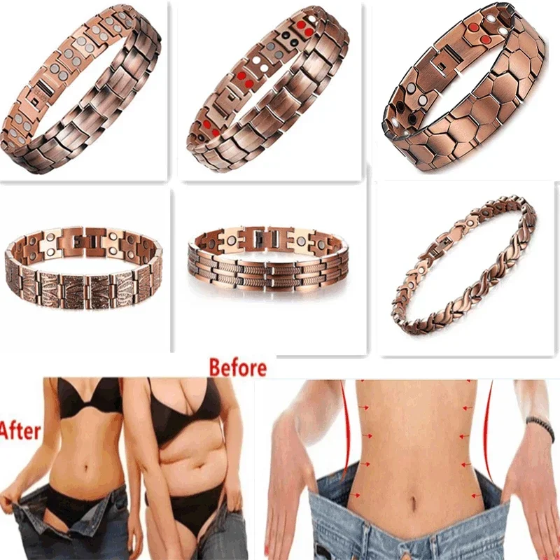 Vintage Copper Color Magnetic Pain Relief Bracelet For Men Therapy Double Row Magnets Link Chain Stainless Steel Men Jewelry