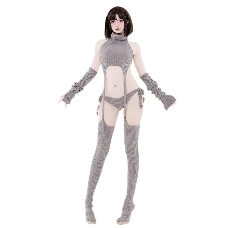 Women Cat Girl Anime Cosplay Costume - Gray Turtleneck Sweater Outfit Backless Knit Clothes with Garter Stocking 2026 view 5