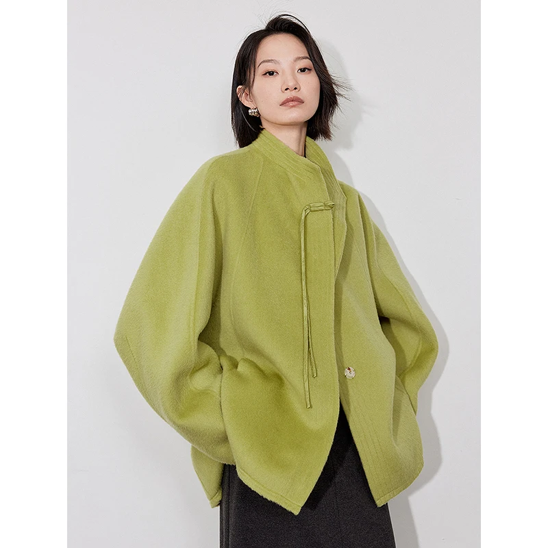 TOYOUTH Women Woolen Coats 2024 Winter New 2024 Winter New Chinese Style Double Side Stand Collar Green Woolen Jacket