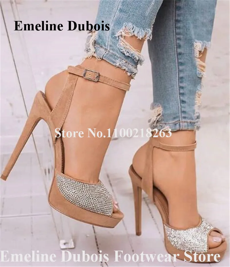 Rhinestones Sandals Emeline Dubois Peep Toe Black Nude Crystals Stiletto Heel Gladiator Pumps Wedding Dress Shoes Big Size Heels