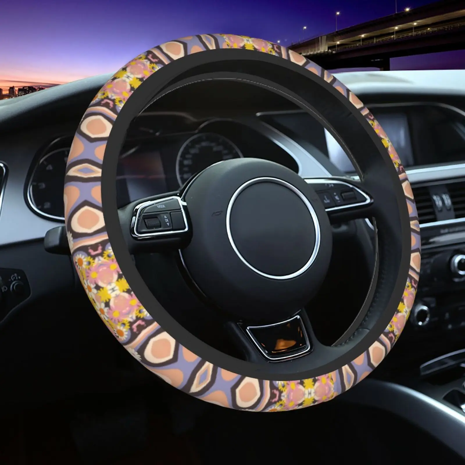 Psychedelic Hippie Flower Vintage Inspired Print Car Steering Wheel Cover 37-38 Anti-slip Colorful Auto Decoration  Accessories