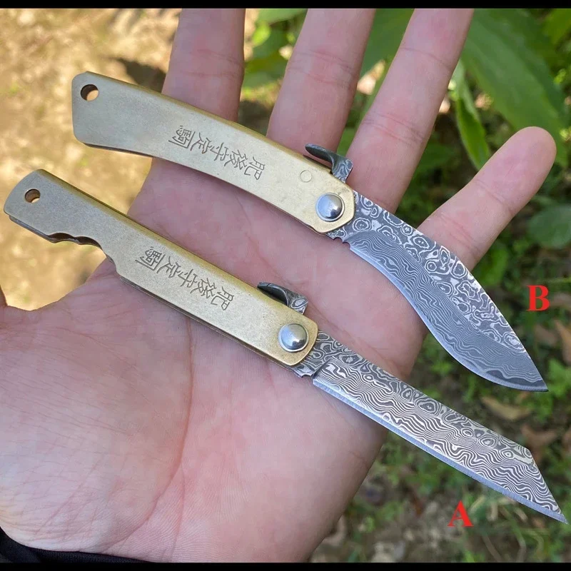 Higonokami Japanese High Quality Mini Pocket Folding Knife VG10 Damascus Steel Copper Handle Outdoor Hunting Fruit Cutting Tool