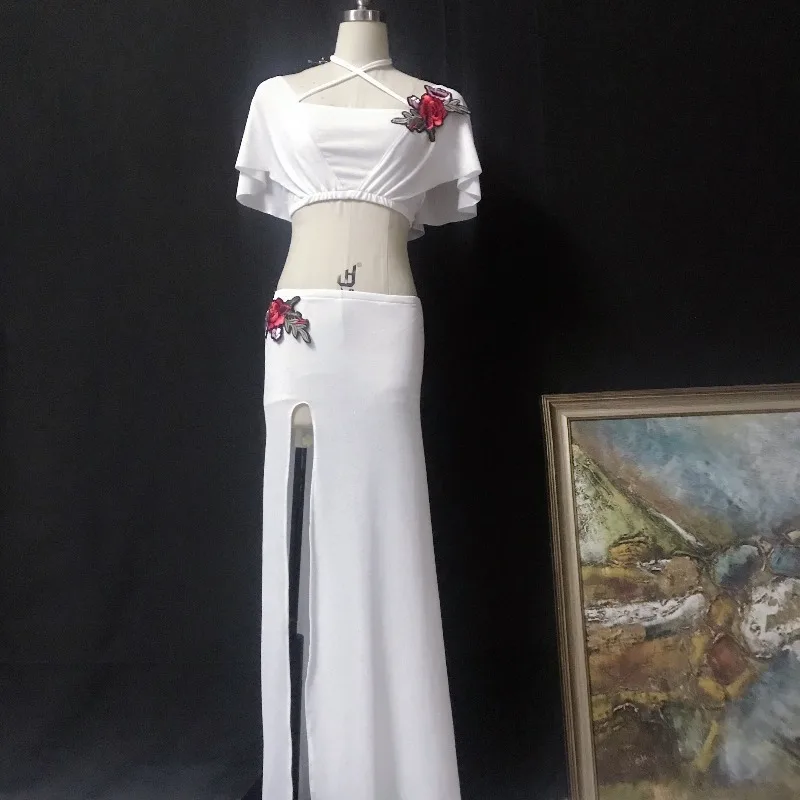 

Индивидуальные костюмы для танца живота, тренировочная одежда, юбка-русалка для начинающих, сексуальная юбка с открытым животом, комплект длинных юбок.