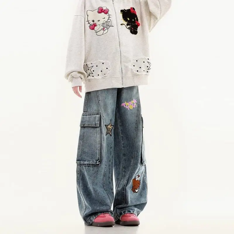

Джинсы Sanrio Hello Kitty: осенние брюки свободного кроя с широкими штанинами, милый новый стиль, простые, модные, креативные, элитные подарки