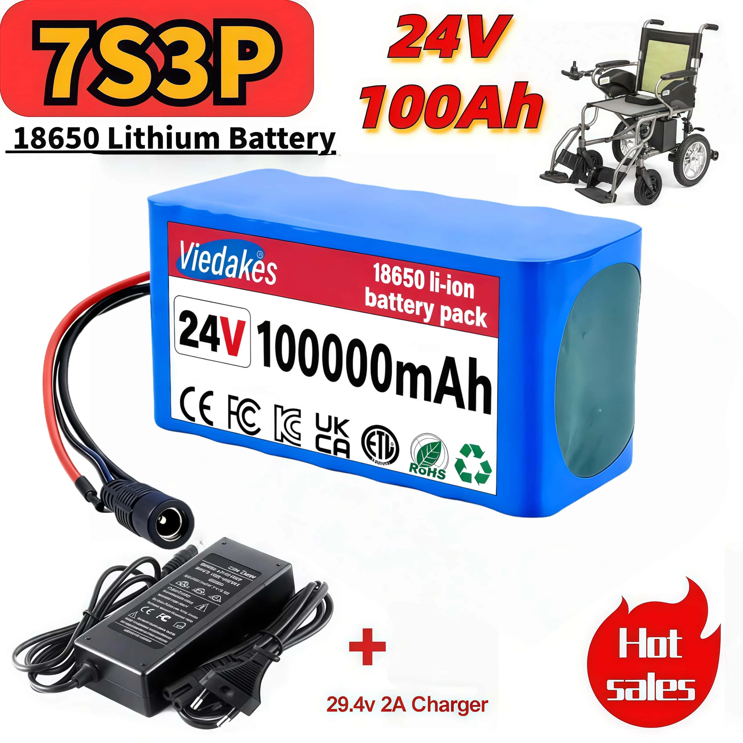 🌍High capacity 24V 100Ah Lithium Battery  for Wheelchairs🏅 7S3P 18650 100000mAh Rechargeable Pack 🔥with 29.4V 2A Fast Charger