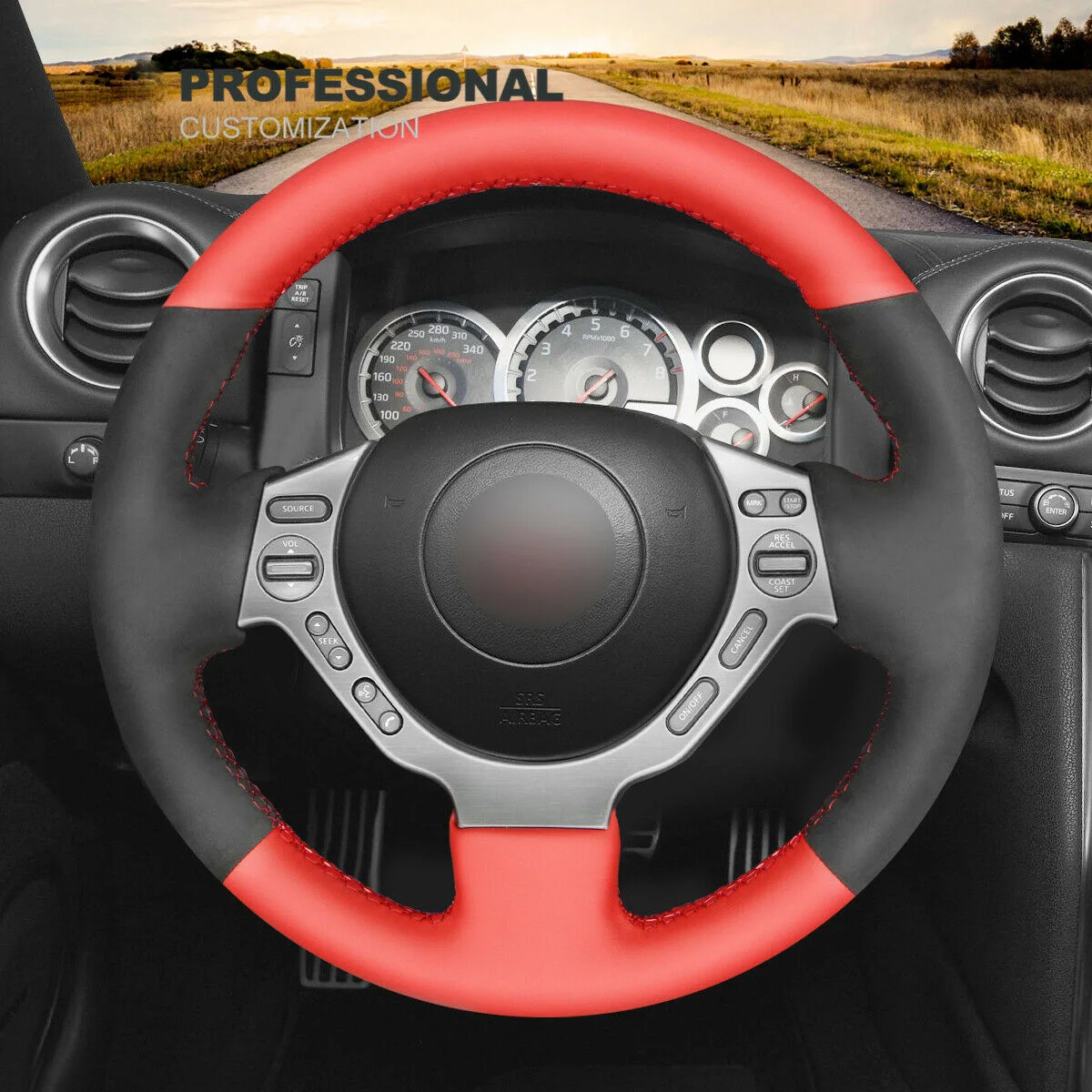 

DIY Hand Stitch Red PU Leather Black Suede Car Steering Wheel Cover For Nissan GTR GT-R (Nismo) Car Accessories