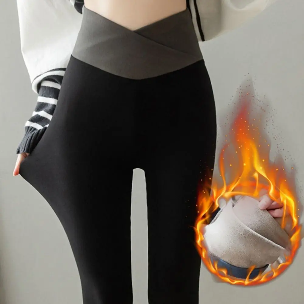 Cusual Solid Color Women Leggings Autumn Winter Thickened Long Pants Slim Fit Warm Fleece Pants