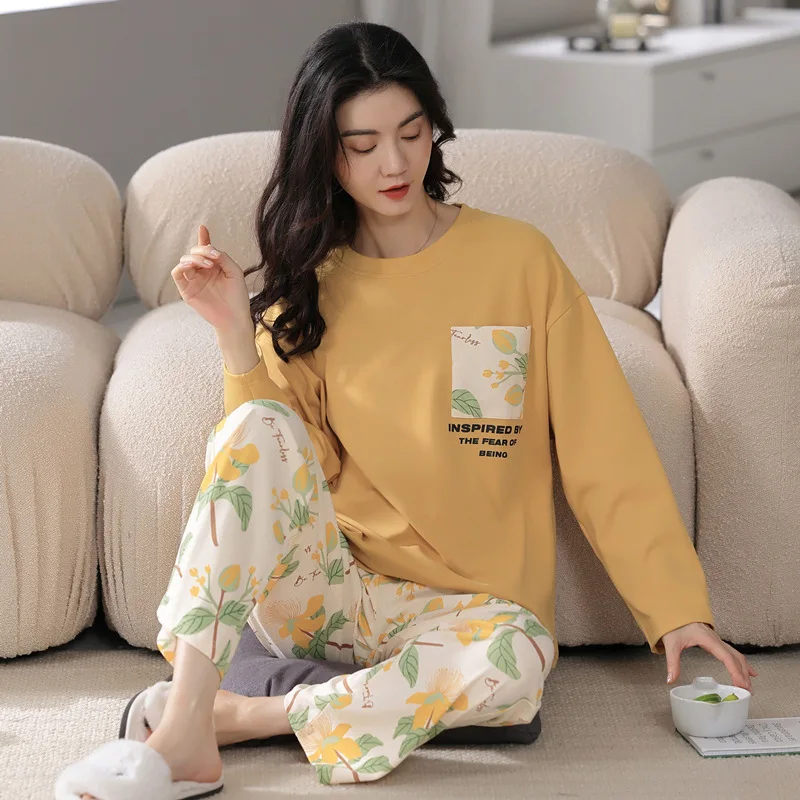 New Ladies Pajamas Two-Piece Spring And Autumn Pajamas Female Long-Sleeved Cute Cartoon Loose College Style Homewear Female Suit