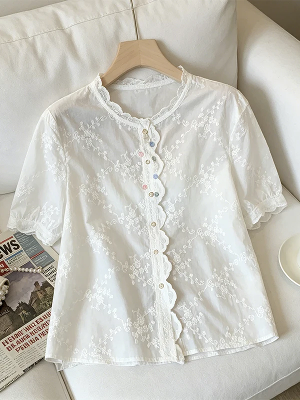 

White Embroidered Lace Collar Doll Shirt Versatile Summer New Style Korean Commute Style Breathable Skin-Friendly Casual Top
