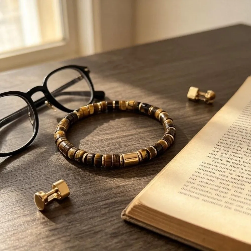 Golden Spacer Tube Bead Stretch Bracelet Chunky Blue Yellow Men Stone Bracelet Portable Enjoyable To Handle Beaded Hand Chain